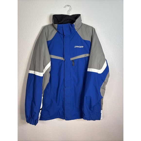 Spyder Leader Men's XL Waterproof Ski Snowboard Jacket Blue White Stowaway Hood - Picture 1 of 9
